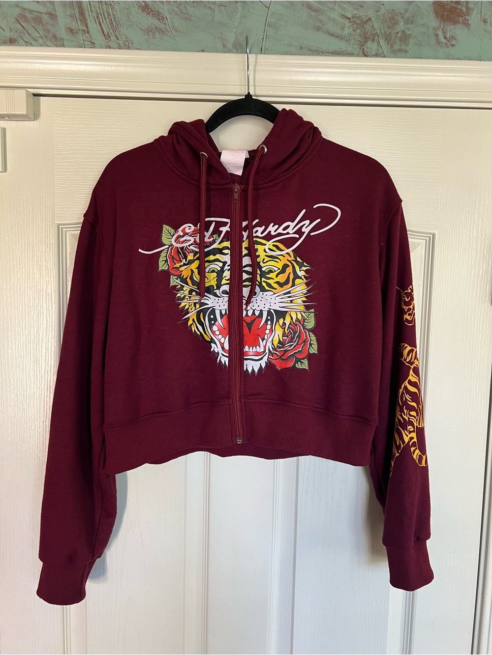 Vintage Ed Hardy Womens Retro Tiger Rose Cropped Zip Hoodie